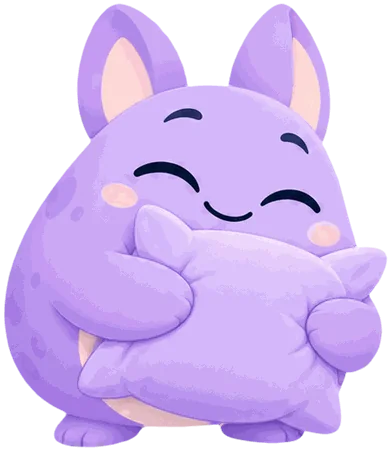 Mochi hugging a purple pillow.