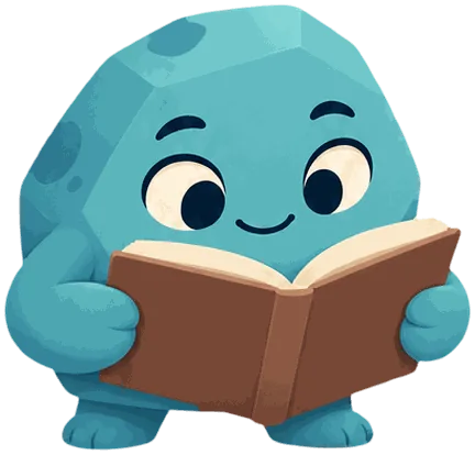 Pebble, a teal rock-shaped companion, reading a book.